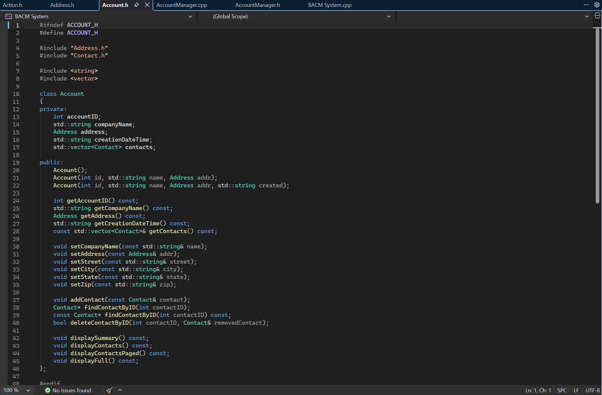 Account.h header file showing OOP class design