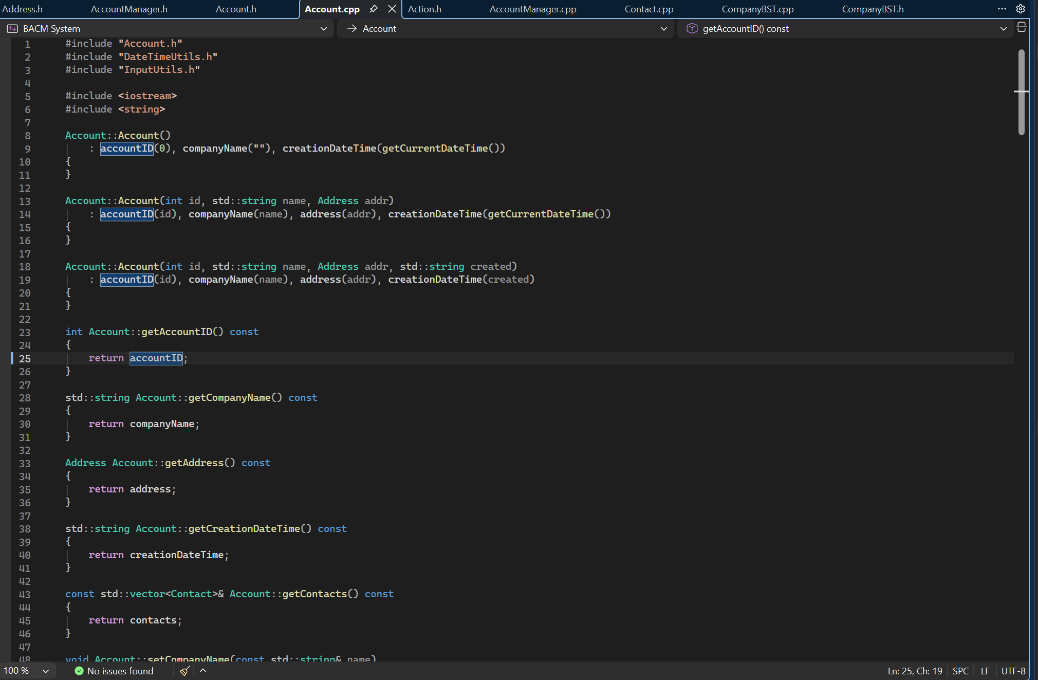 Account.cpp implementation with constructors and accessor methods