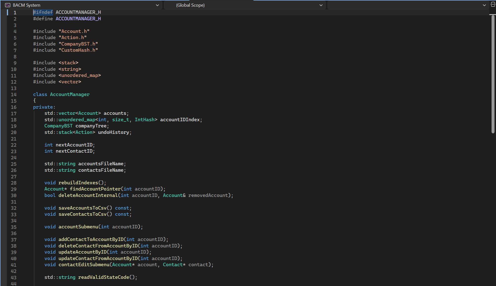 AccountManager.h private members with BST, hash map, and undo stack