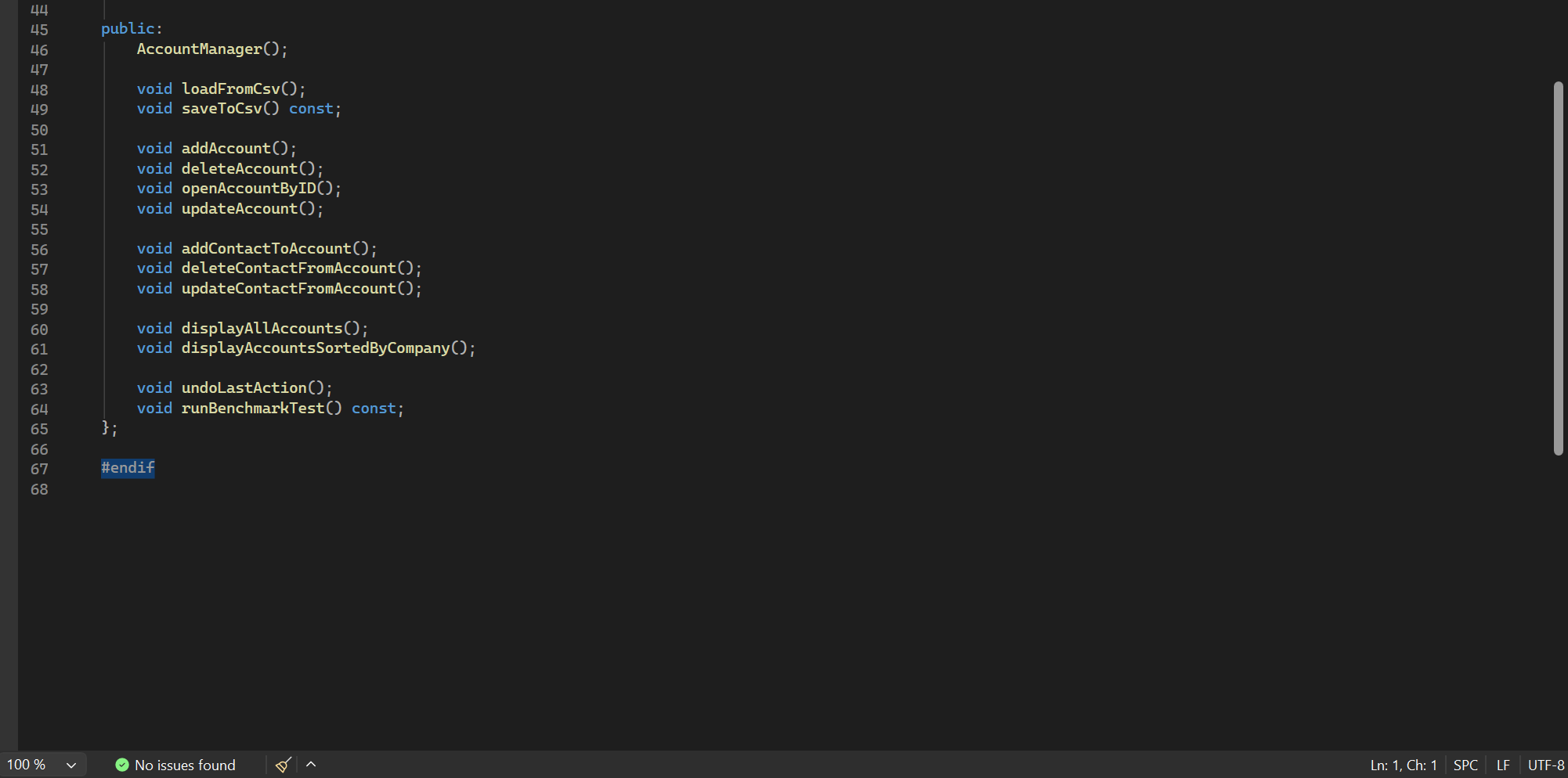 AccountManager.h public interface with CRUD, CSV, and benchmark methods