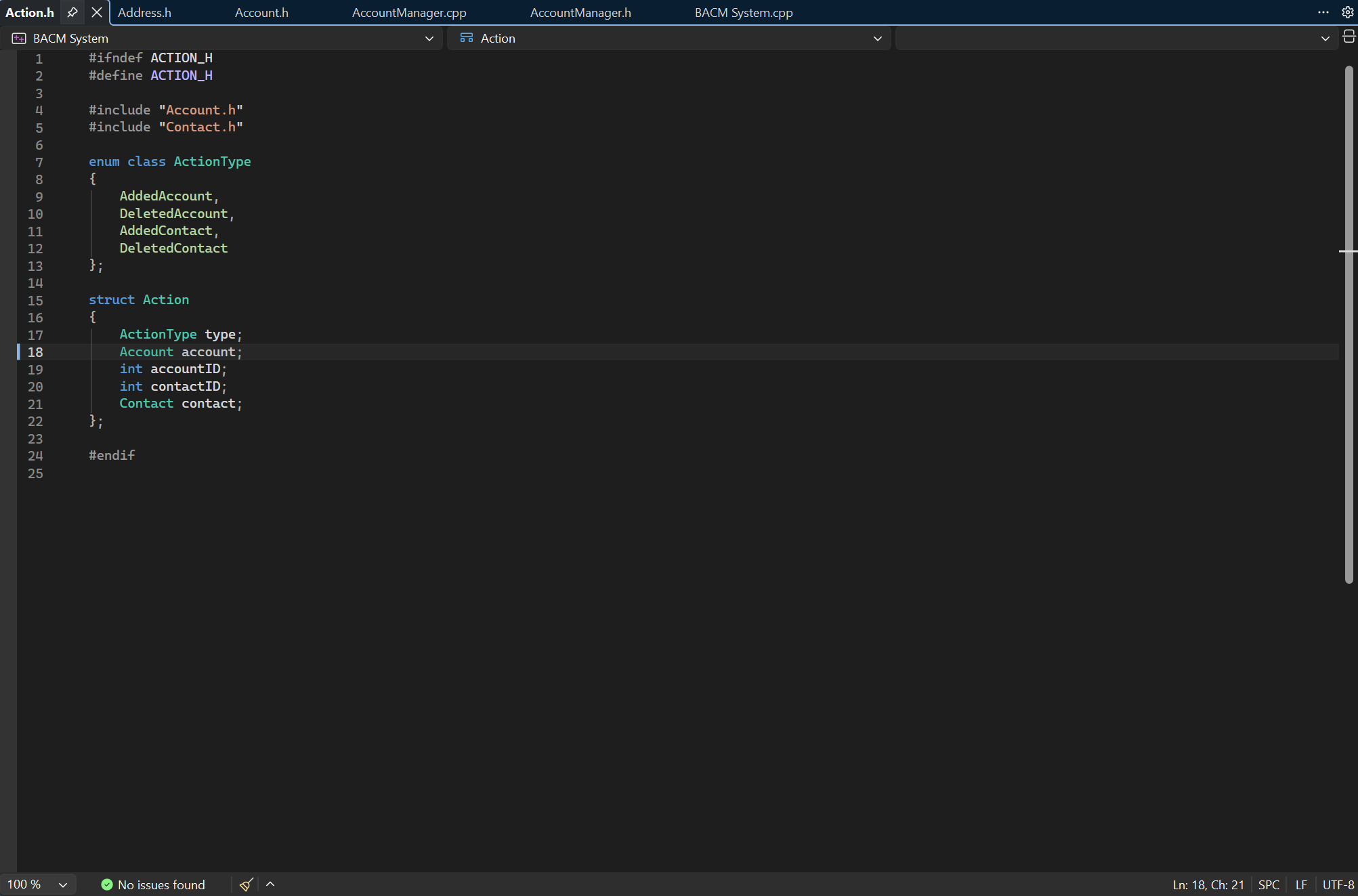 Action.h showing ActionType enum and undo Action struct