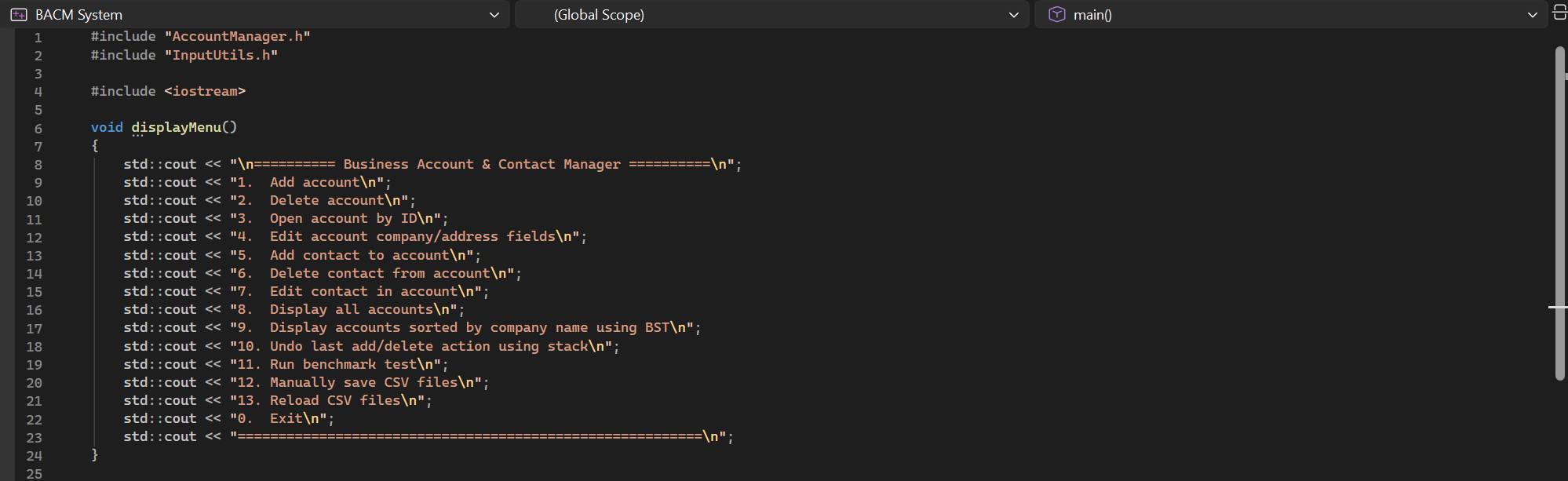 BACMSystem.cpp main function with displayMenu implementation