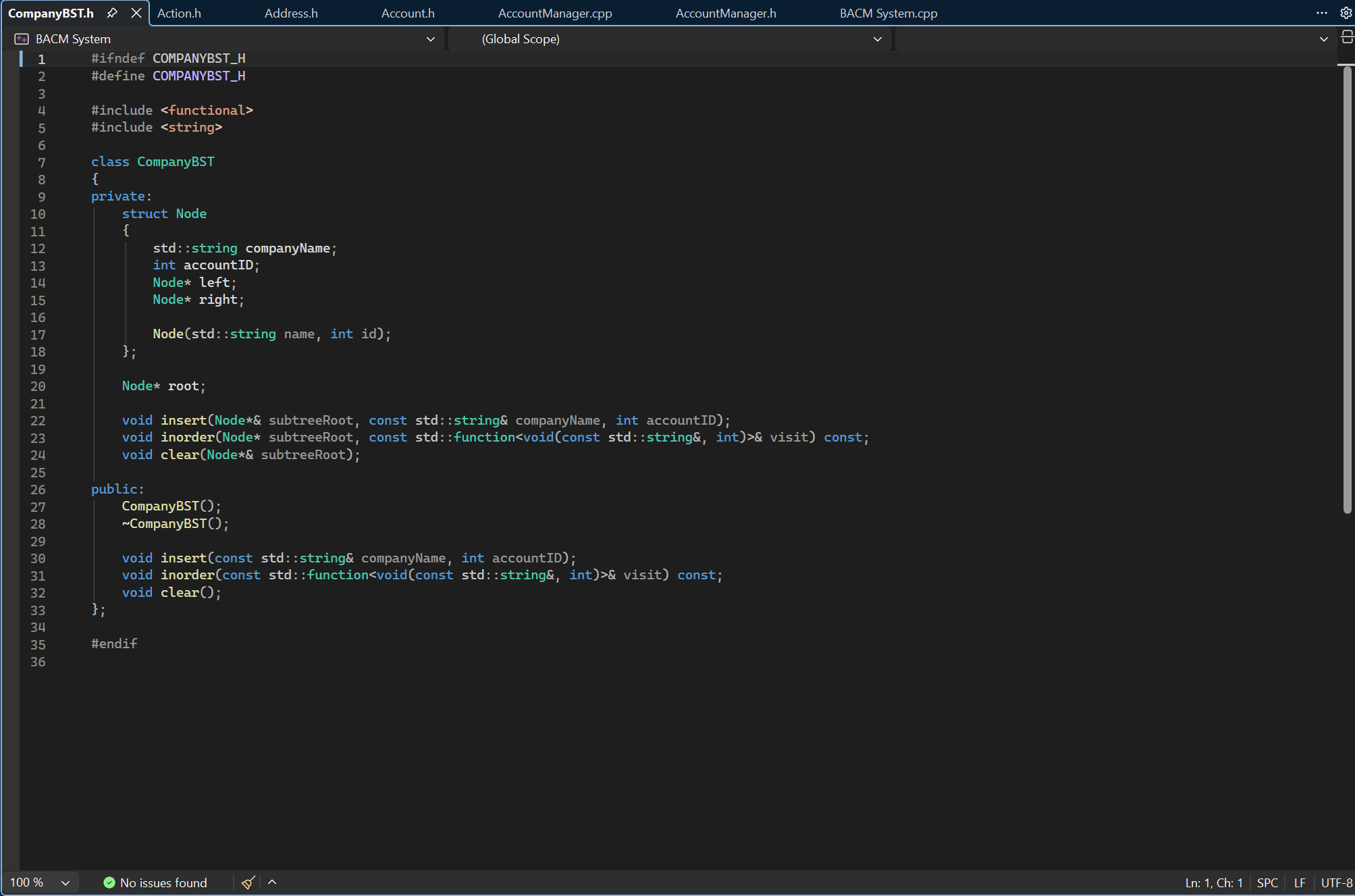 CompanyBST.h header showing binary search tree implementation