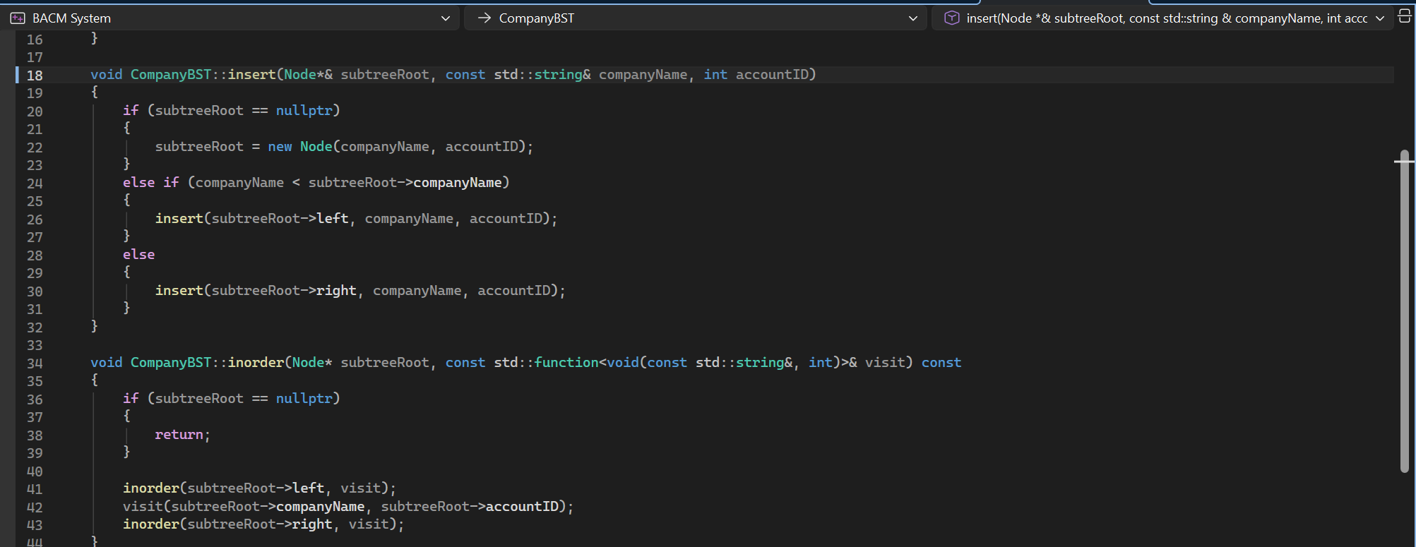 CompanyBST.cpp showing BST insert and inorder traversal implementation