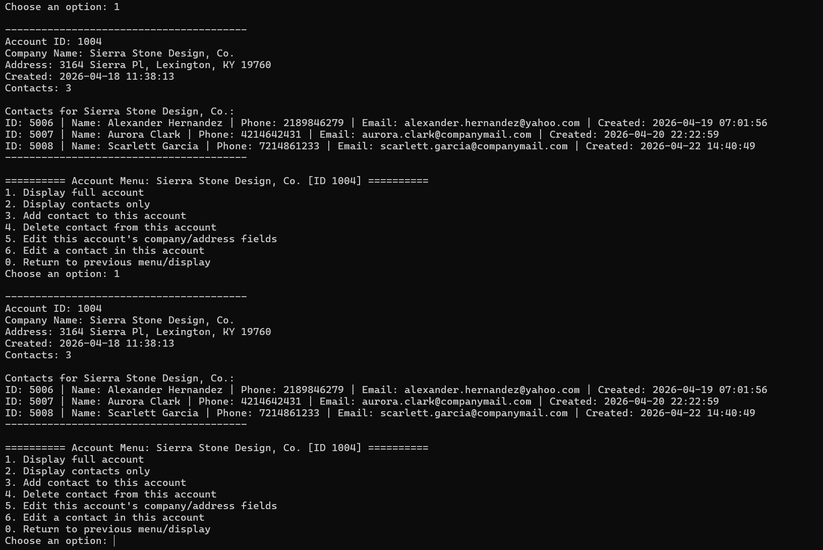 Console output showing account details and contact management