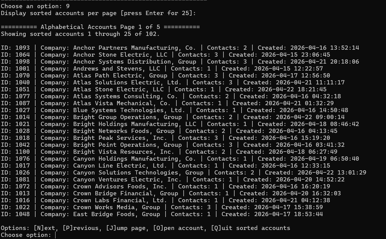 BST-sorted alphabetical accounts display with pagination