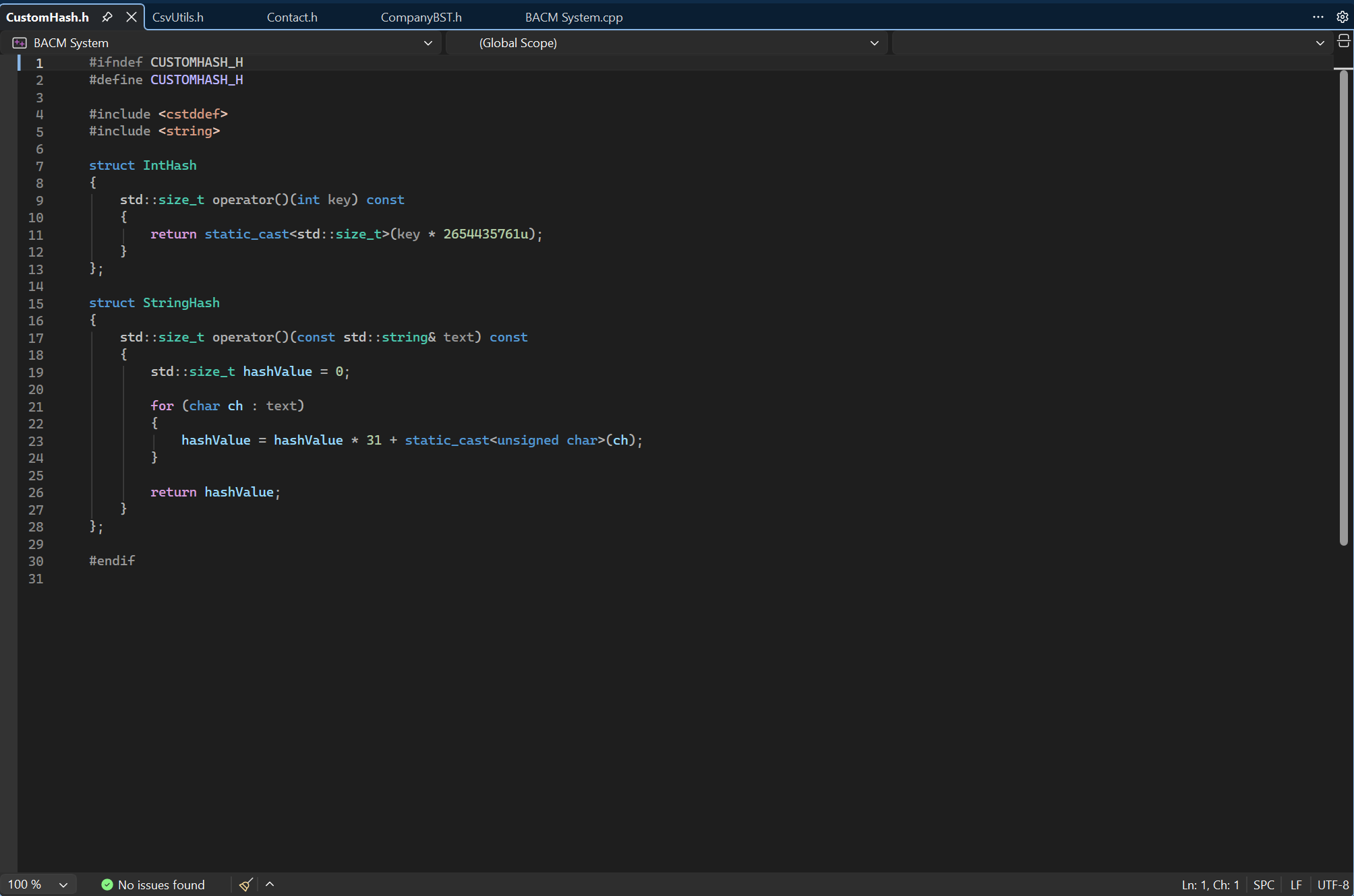 CustomHash.h showing custom hash functions for fast lookups